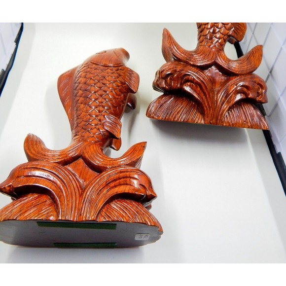 Wooden Fish Koi Carp Jumping Out of Water Bookends Sculpture Figurine 11" Pair - Picture 10 of 10